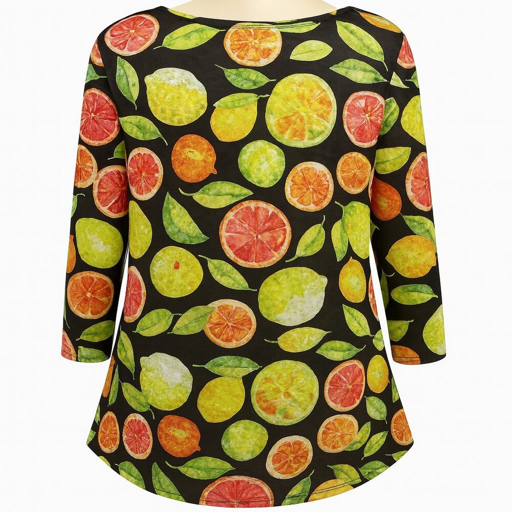 Vintage New Peck & Peck XL Citrus Fruit Print Top Black Lemons Made USA Orange